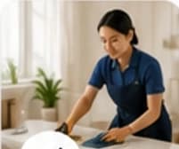 Cleaner wiping a kitchen counter in a modern home